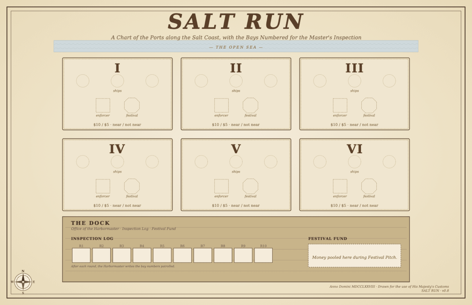 Salt Run game board — six bays along a coastline